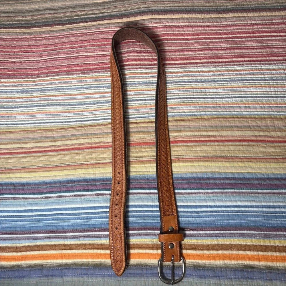 Vintage Basketweave Tooled Leather Belt Mens 38 Brown Western Boho Mexico Buckle